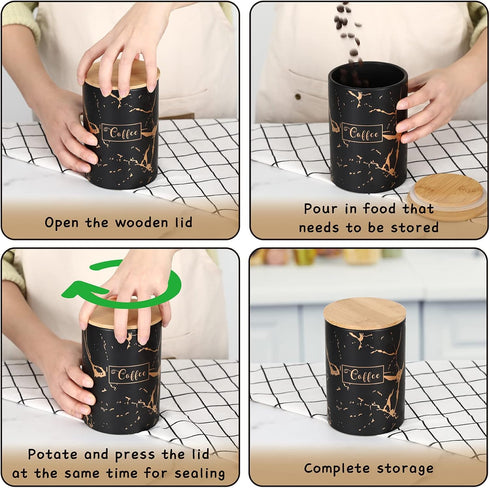 Black Kitchen Ceramic Canister Set - 1178 ML(39.83 OZ) Airtight Set of 3 Coffee Sugar Tea Storage Canisters With Airtight Lid For Food Storage,Sto...