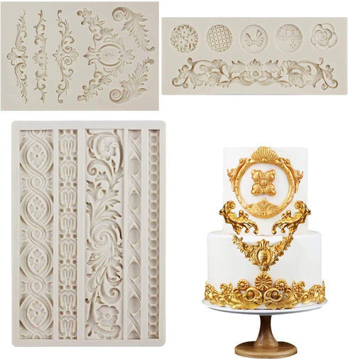 3 Pieces Baroque Fondant Molds Scroll Border Lace Silicone Molds Curlicues Gum Paste Candy Chocolate Molds for Cake Decorating Sugar Craft Polymer...