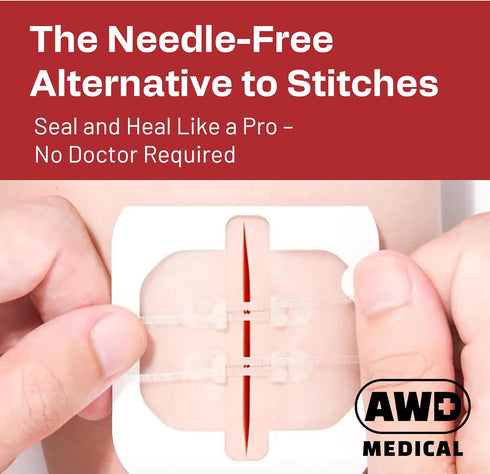 AWD Zip Stitch Wound Closure Strips - 2 Zipstitch Devices, 2 Sterile Gauzes, 2 Alcohol Wipes - Emergency Laceration Device for Cuts Without Stitch...