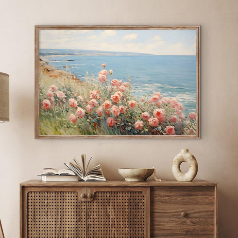 Flower Field Canvas Wall Art Spring Landscape Prints Wildflower Field Poster Vintage Flower Landscape Wall Art Spring Floral Artwork Pink Flower L...