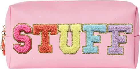 Preppy Patch Stuff Portable Makeup Bag Bulk Pu Leather Cosmetic Bag Waterproof Travel Organizer Zipper Pouch Storage Purse for Women Girls Gift (H...