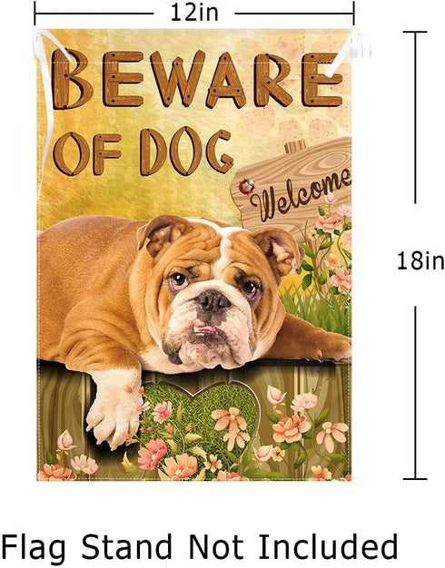 Lazy English Bulldog Garden Flag - Beware of Dog House Flags Double-sided Welcome Home Flag Dogs Yard flags Small Yard Patio Lawn Decor 12 x 18 In...