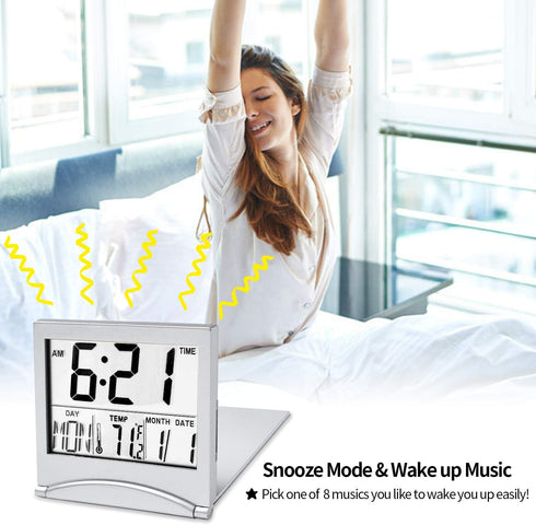 Digital Travel Alarm Clock Battery Operated, Portable Large Number Display Alarm Clock with Temperature,12/24 H Small Desk Clock -Silver (NO Light...