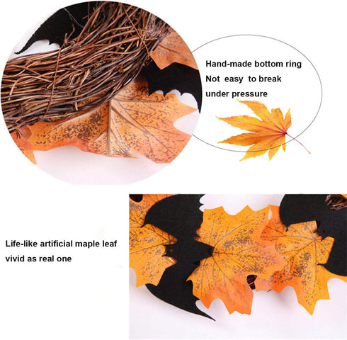 Orgrimmar 10” Halloween Maple Wreath Garland Artificial Maple Leaf Bats Vines Door Hanging for Halloween Party Thanksgiving Harvest’s Day Decorati...