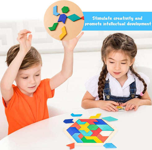 3 otters Wooden Hexagon Puzzles, Brain Teaser Blocks for Kids Montessori Educational Toys Shape Pattern Block for All Ages Boys Girls...