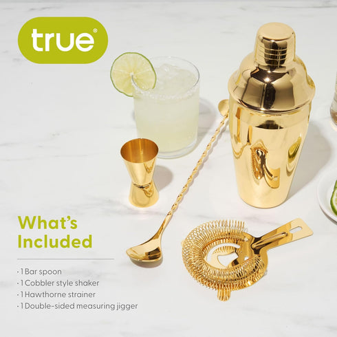 True 4-Piece Cocktail Shaker Set Includes Cobbler Shaker, Strainer, Jigger, Bar Spoon for Classic Cocktails, Mixed Drinks, Cold Brew, Home Bar Too...