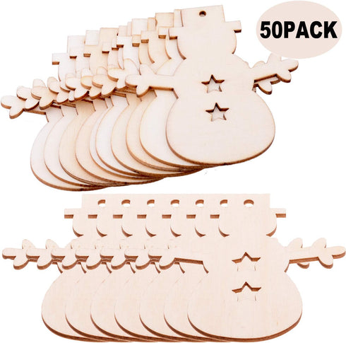 Pack of 50 Wooden Crafts to Paint 3 inch Christmas Tree Hanging Ornaments Unfinished Wood Cutouts Christmas Decoration DIY Crafts (Wooden Snowman ...