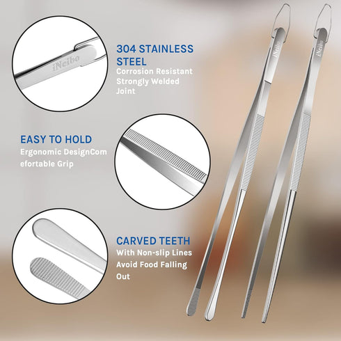 iNeibo Multipurpose Cooking Tweezers Tongs 2 Pack 12 inch/30cm 304 Stainless Steel Straight Tweezers - Extra Long Kitchen Food Tweezers Tongs for ...