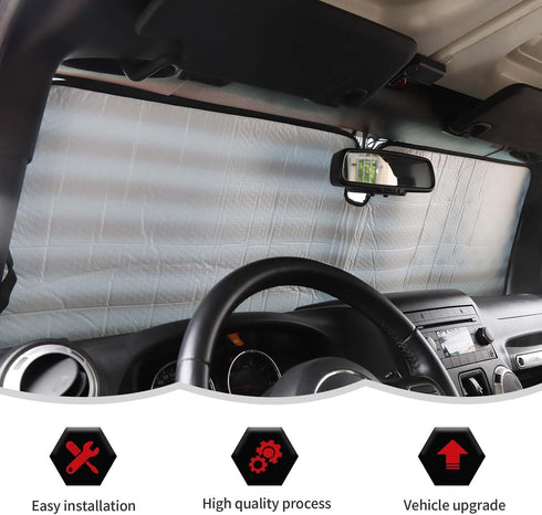 Windshield Flag Sunshade Sun Shade Heat Shield Sun Visor Mat Compatible with Jeep Wrangler Rubicon Sahara TJ JK JKU 2 Door & 4 Door...