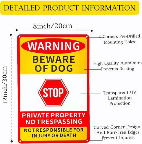 2 Pack Beware Of Dog Sign,12x8 Inch Rustproof Aluminium Metal Sign,Beware Of Dog Signs For Fence,Private Property No Trespassing Sign,No Trespassi...