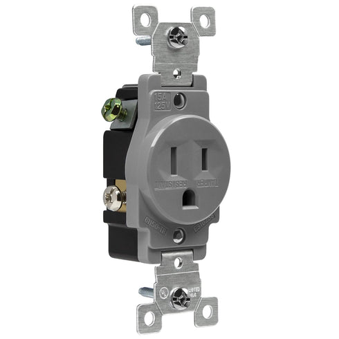 ENERLITES Single Receptacle Outlet, Tamper-Resistant, Commercial Grade, 3-Wire, Grounding Screw, 2-Pole, 5-15R, 15A 125V, UL Listed, 61150-TR-GY, ...
