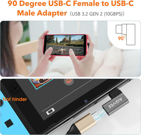 AGVEE [4 Pack 90 Degree Right Angled USB-C Male to USB-C Female Adapter (Type-C 3.2 Gen 2) Converter Video Type-C 10G Data Extension Coupler Conne...