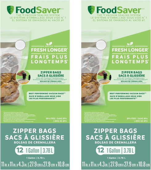 FoodSaver FSFRBZ0316-000 1-Gallon Vacuum Zipper Bags, 12 Count, Multi 2-Pack...