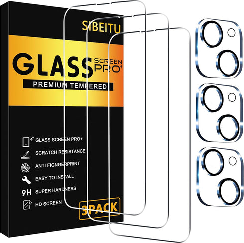 SIBEITU 3 Pack Screen Protector for iPhone 15 Plus with 3 Pack Camera Lens Tempered Glass Protector, 6.7 Inch HD Clear 9H Hardness Full Coverage, ...