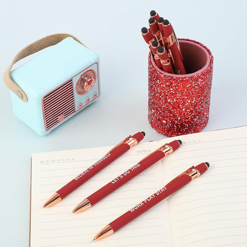 10 Pcs Ballpoint Pens with Pen Holder,Fine Point Smooth Writing Pens,Kawaii Pens For Writing Journaling Taking Notes School Office Home. (Red 10Pc...