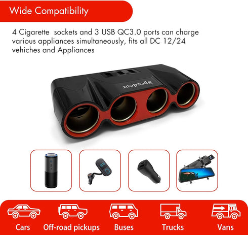 USB Car Charger Splitter Adapter, 120W 12V/24V 4-Socket Cigarette Lighter Adapter with 3pcs USB QC3.0 Car Charger Socket Quick Charge for GPS, Das...