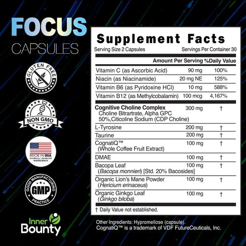 Focus 14-in-1 Nootropic Brain Supplement with Lions Mane, Alpha GPC Choline, Vitamin C & B12, Taurine, Bacopa - Energy, Cognitive, Memory Support,...