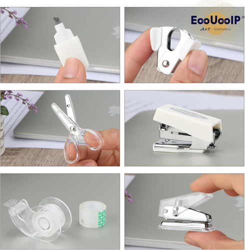 EooUooIP Practical and Beautiful Office Supplies White Handbook Tool Box,Stapler Tape Staples Hole Puncher Paper Scissor for Efficient Work and St...