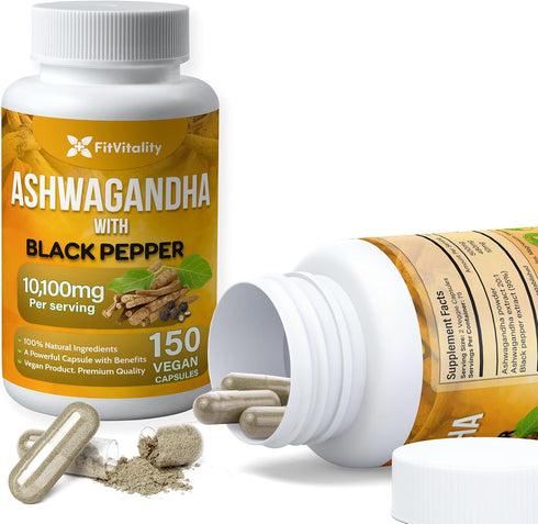 Ashwagandha Capsules, 150 Vegan Capsules, 10,100 Mg per Capsule – 100% Natural Ashwagandha Root Extract Powder and Black Pepper Extract, Non-GMO, ...