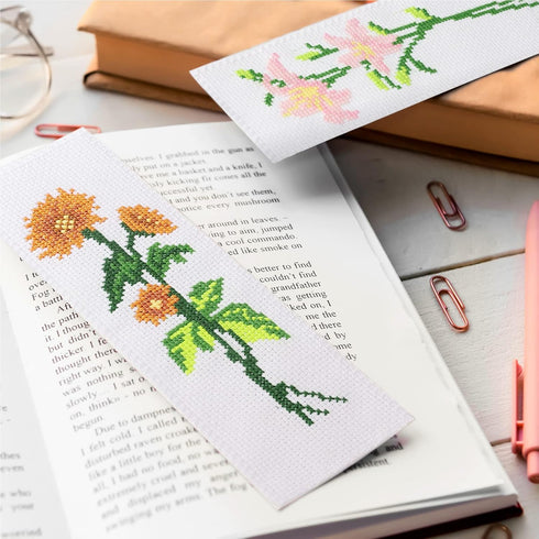 Caydo 3 Pieces Cross Stitch Bookmark Kits, DIY Stamped Embroidery Bookmark Kit for Beginner Flower Patterns 14 Count Crossstitch Projects for Book...