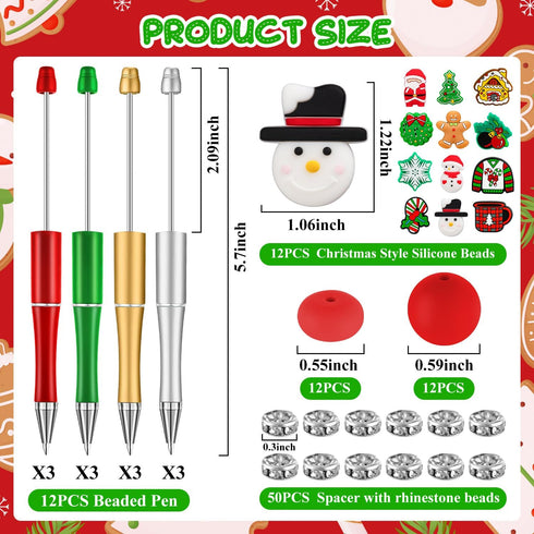 12 Pcs Christmas Beadable Pens, Plastic Bead Pens, Silicone Bead Pens, Snowmen Santa Gingerbread Bead Ballpoint Pen for Office School Women Kids S...