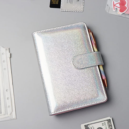 A6 Binder Cover Glitter White PU Leather Binder Cover Refillable 6-Ring Planner Budget Binders Loose-Leaf Notebook Binder Covers with Magnetic Buc...