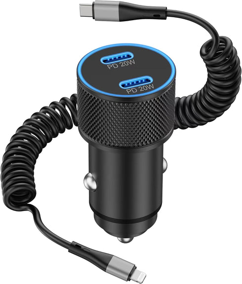 iPhone Fast Car Charger, WIDAQUO 40W Dual USB C Car Charger Adapter Cigarette Lighter and 6FT USB-C to Lightning Coiled Retractable Cable Charging...
