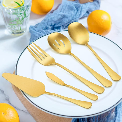 LIANYU 5-Piece Matte Gold Serving Utensils Set, Stainless Steel Serving Set Include Serving Spoon Fork, Flatware Serving Pieces for Buffet Caterin...