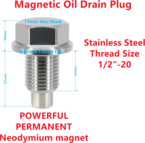1PC 1/2" x20 Stainless Steel Magnetic Engine Oil Drain Plug Fit Buick Chevrolet Chrysler Ford Dodge GMC Selector Models & Harley-Davidson Transmis...