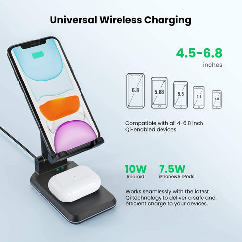 2 in 1 Wireless Charger, Dual Wireless Charging Desk Phone Stand,10W Qi Fast-Charging Foldable Tablet Stand for iPhone 12/11/MAX/XS/XR/X/8,AirPods...