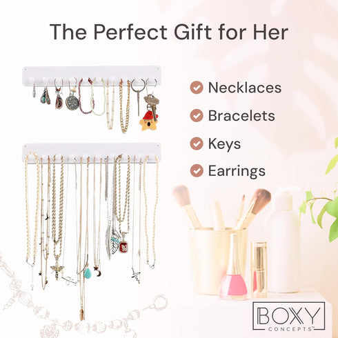 Boxy Concepts 2-Pack Necklace Organizer & Jewelry Storage - 10.5 in x 1.5 in White Wall-Mount Hanging Jewelry Organizer - 10 Hooks for Necklaces, ...