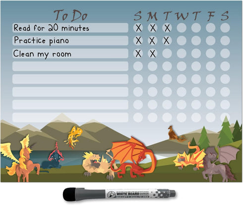Kid’s Dry Erase Whiteboard Chore Chart | Removable and Restickable Adhesive Decal | Fine-Tip Magnetic Marker Included | 9” x 12" (Mythical Creatur...