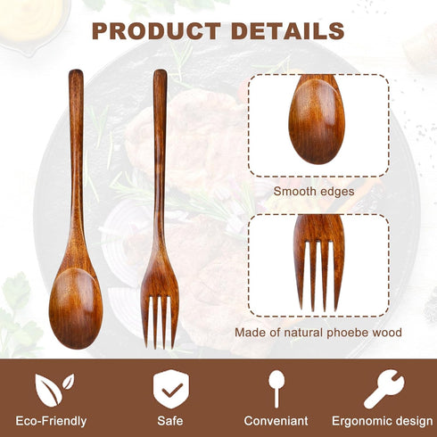 6Pcs Wooden Spoons Forks Set Wooden Spoons and Forks Cutlery Set, Reusable Wooden Utensil Set Wood Spoons Flatware Sets for Stirring Cooking Campi...