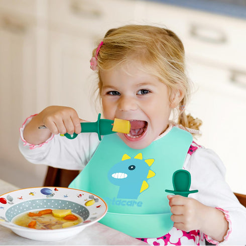 SHARE&CARE 2 Pack Silicone Baby Spoons and Fork Feeding Set- Anti-Choke First Self Feeding Utensils for Baby Led Weaning...