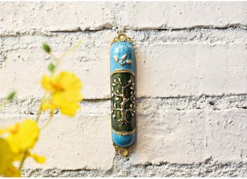 Hand Painted Enamel Mezuzah Embellished with a Tree of Life Design with Gold Accents and Crystals by Matashi, (MTMZ221)...
