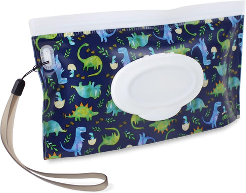 Itzy Ritzy Travel Wipes Case - Reusable Wipe Pouch – Take & Travel Pouch Holds Up to 30 Wet Wipes, Includes Silicone Wristlet Strap, Raining Dinos...