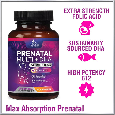 Women's Prenatal Multivitamin with Folic Acid + DHA, Prenatal Vitamin Supplement for Fetal Support w/ Folate, Omega 3, Vitamins D3, B6, B12 & Iron...