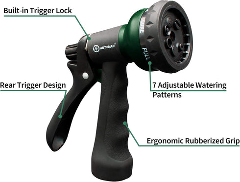 AUTOMAN-Garden-Hose-Nozzle,ABS Water Spray Nozzle with Heavy Duty 7 Adjustable Watering Patterns,Slip Resistant for Plants,Lawn,Washing Cars,Clean...