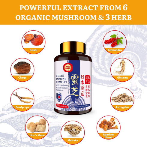 Japanese Reishi Mushroom Complex Supplement 1500mg - Reishi,Chaga,Cordyceps,Lion's Mane,Maitake,Agaricus Mushrooms Extract & 3 Herb,Organic Mushro...