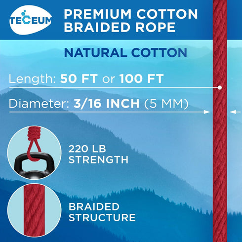 TECEUM Cotton Rope 3/16” (5 mm) – 50 FT – Strong All-Purpose Braided Rope – Natural Cotton – for Crafting, ?amping, Clothes Line, DIY, Indoor & Ou...