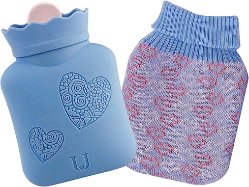 Hot Water Bottle with Cover, HEYPORK Silicone Hot Water Bag for Pain Relief, Cramps, Back, Neck, Feet, Menstrual Cramps (Blue, Short)...