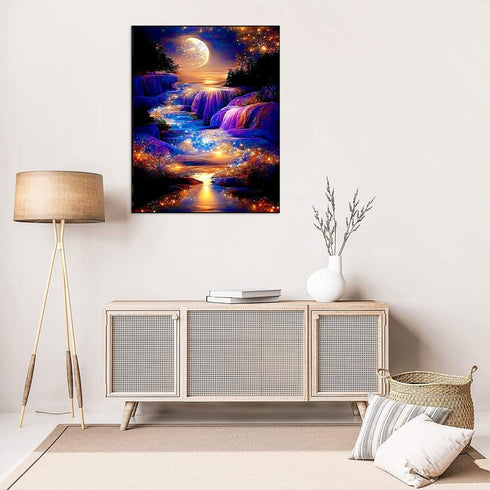 Moonlight Waterfall Stamped Cross Stitch Kits - Nature Landscape Starry Scenery Needlepoint Counted Cross Stitch Kits for Beginners Adults Pattern...