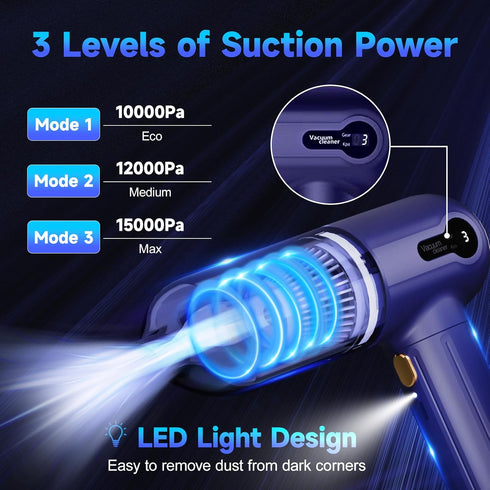 Handheld Car Vacuum Cleaner, 15KPa Mini Cordless 4000mAh Vacuum Cleaner with LED Light, Digital Display & 3 Speeds, 80W High Power 3-in-1 Portable...