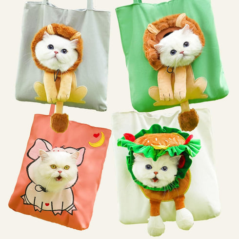 Cat Out Bag, Cute Cozy Cartoon Hands Free Show Head Cat Sling Carrier, Cat Restrainer Shoulder Bag for Outdoor Travel (Denim, Medium)...