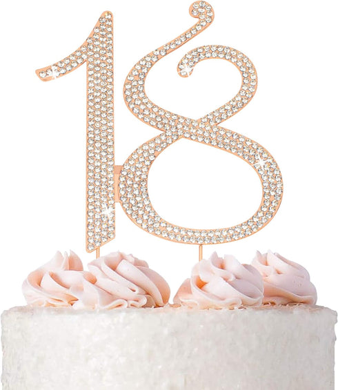 18 Cake Topper - Premium Rose Gold Metal - 18th Birthday Party Sparkly Rhinestone Decoration Makes a Great Centerpiece - Now Protected in a Box...