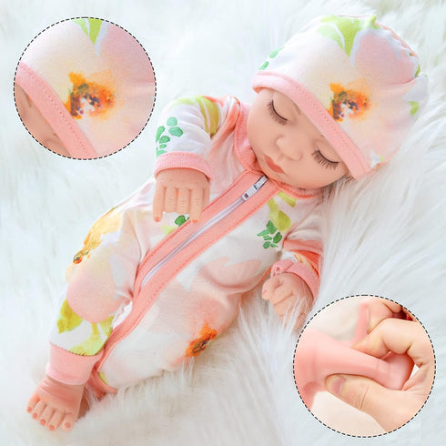 10 Inch Newborn Reborn Baby Doll and Clothes Set Washable Realistic Soft Silicone Sleeping Baby Doll with Beautiful Flower Pattern Jumpsuit and Ha...