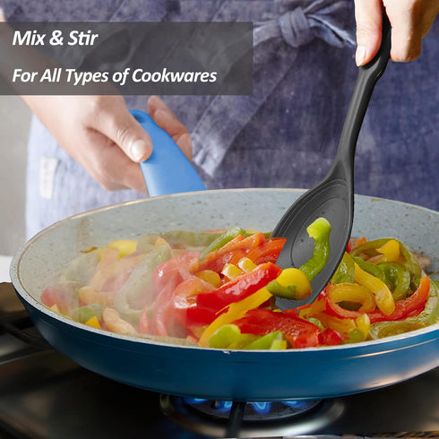 Large Silicone Cooking Spoon, Non-Stick Solid Spoon set with Deep Bolw and Measurement Mark for Mixing, Serving, Draining, Scooping, Scraping, Hea...