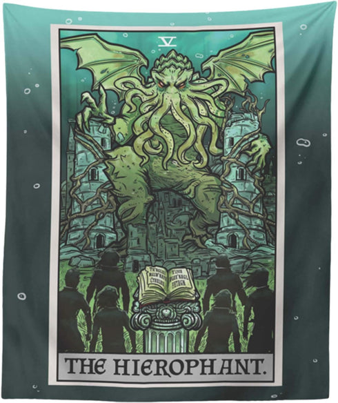 Cthulhu The Hierophant Tarot Card Tapestry Wall Hanging H.P. Lovecraft Horror Home Decor Halloween Wall Art (60" x 50")...