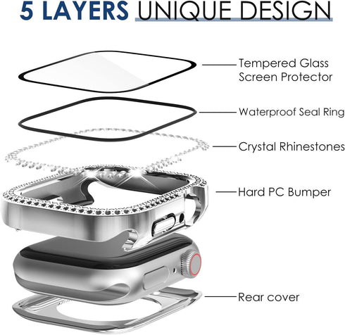 NewWays 2-Pack Waterproof Bling Cases for Apple Watch Case 41mm Screen Protector, 360° waterproof Glitter Diamond Rhinestone Bumper Face Cover for...