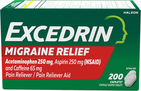 Excedrin Migraine Relief Caplets for Migraine Symptoms, Acetaminophen 250mg, Aspirin 250mg, Caffeine 65mg, Pain Reliever, 200 count...